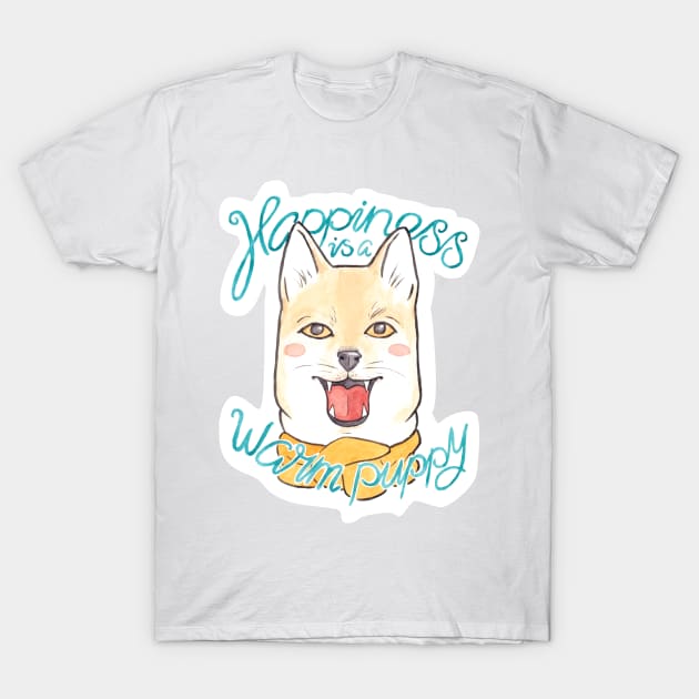 Happiness is a Warm Puppy // Shiba Inu Puppy in a Scarf T-Shirt by arosecast